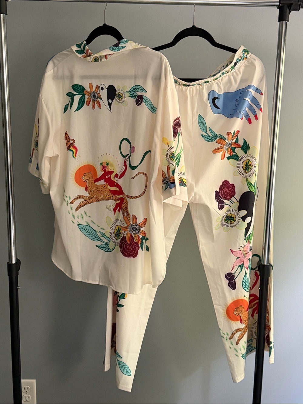 Floral Print Cream Short-Sleeve Button-Up Shirt and Pant Set - Picture 2 of 3